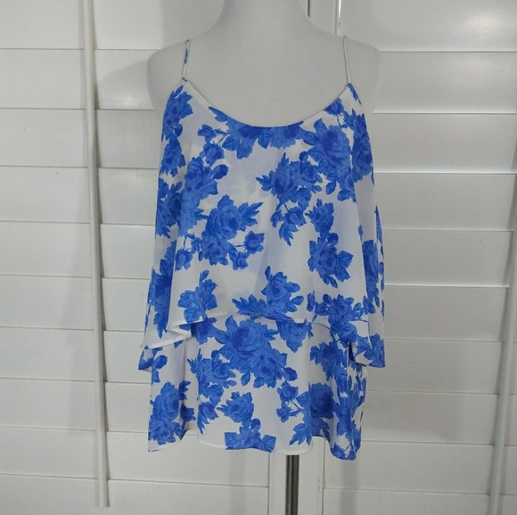 White Crane Tops - White crane blue rose spaghetti top